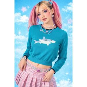 ModCloth "Lookin' Shark!" Teal Knit Sweater Shark Week Intarsia Crewneck Size Sm